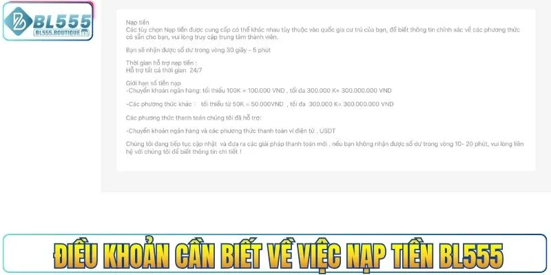 Điều khoản cần biết về việc nạp tiền BL555